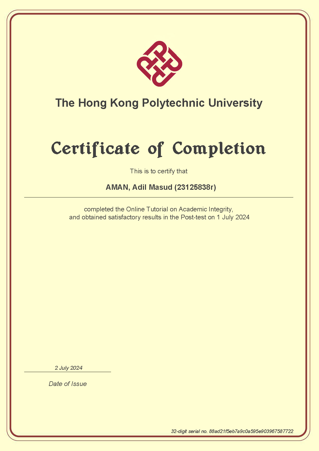 Online Tutorial on Academic Integrity Course Certificate
