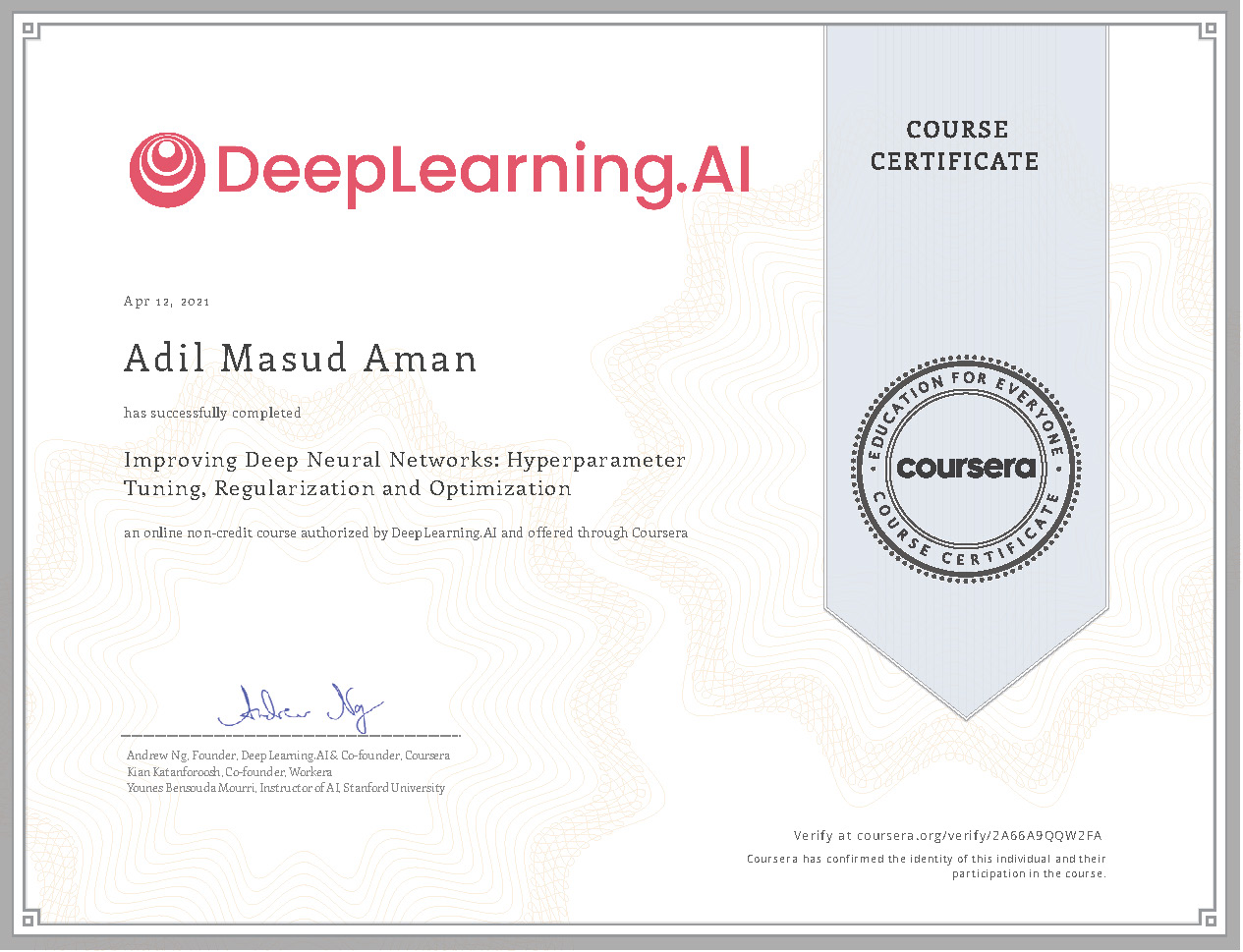 Improving Deep Neural Networks Coursera Certificate