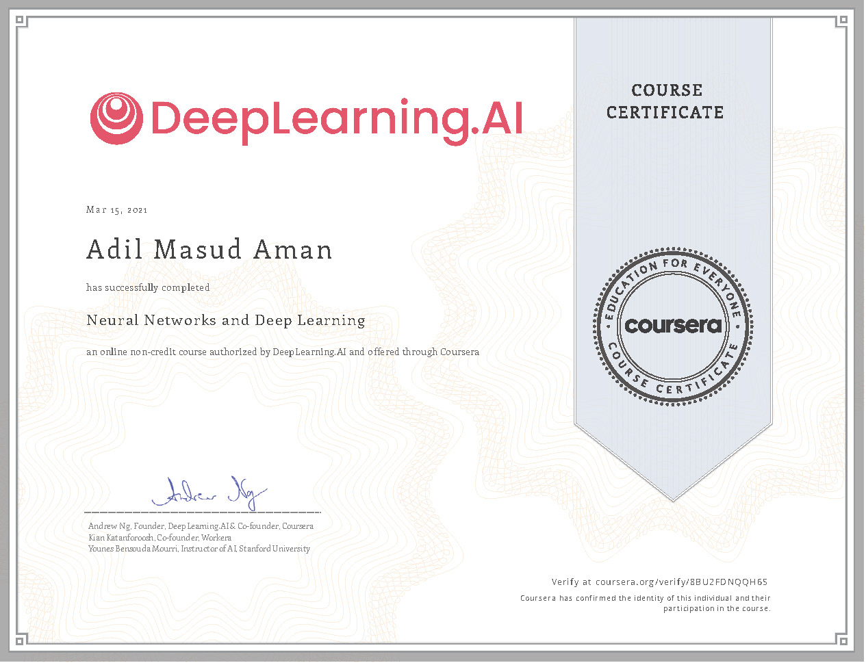 Neural Networks and Deep Learning Coursera Certificate