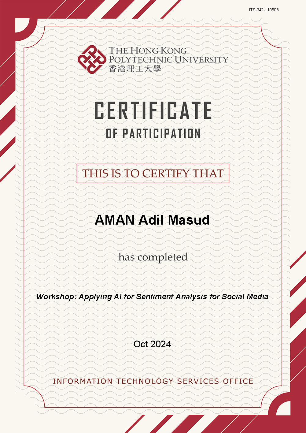Applying AI for Sentiment Analysis Workshop Certificate