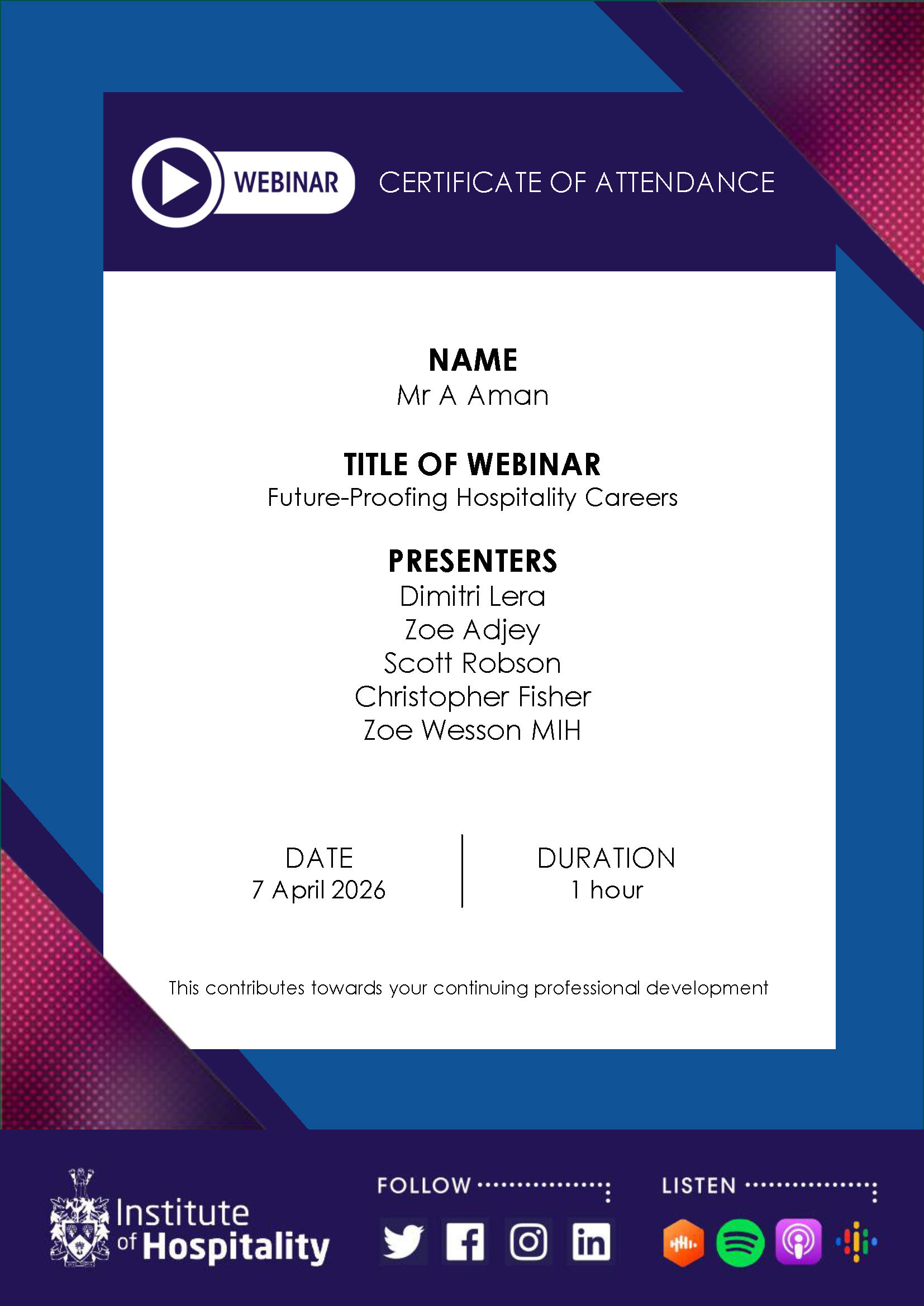 Future-Proofing Hospitality Careers Webinar Certificate